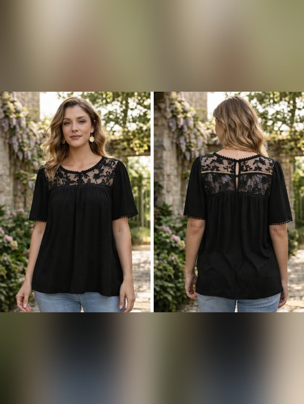Indigo Rose Black Lace Yoke Blouse 2X Sheer Floral Mesh Boho Flowy Top